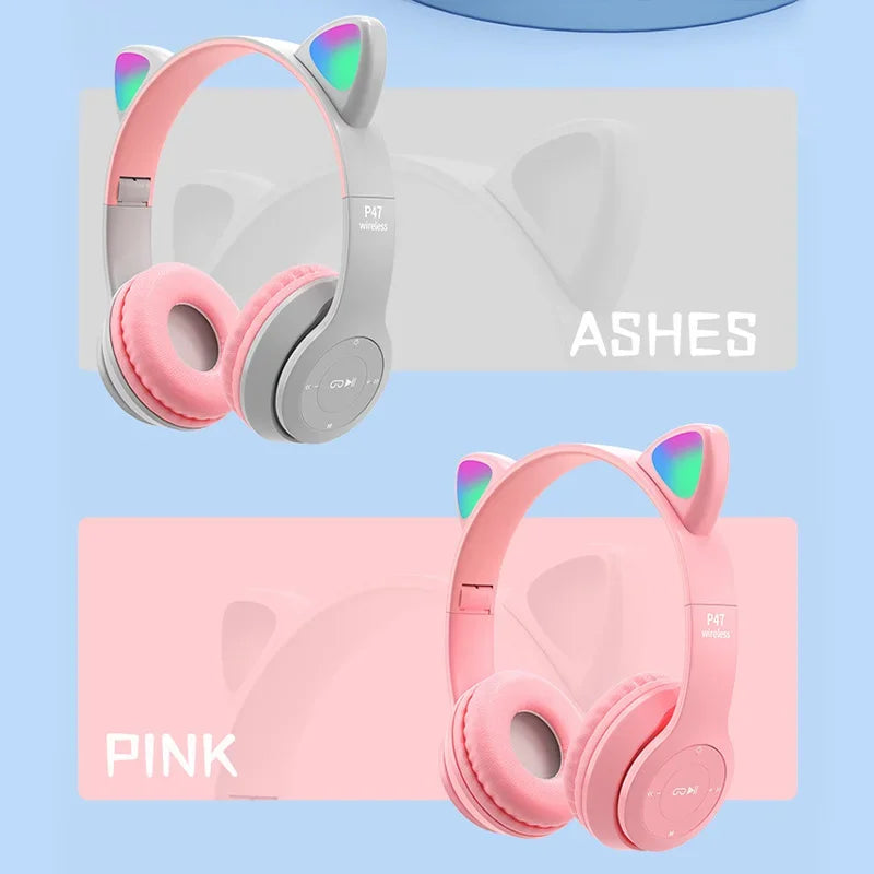 P47M Wireless Headphones – Cat Ear LED, Bluetooth, Mic & Stereo Sound