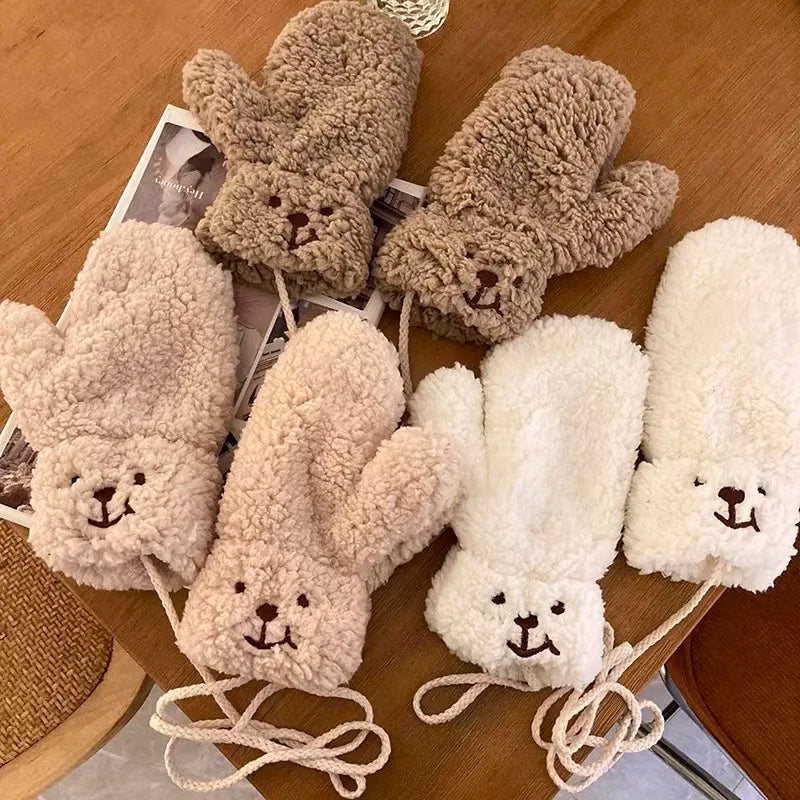 Cozy White Teddy Bear Face Plush Mittens - Connected Winter Fleece Gloves