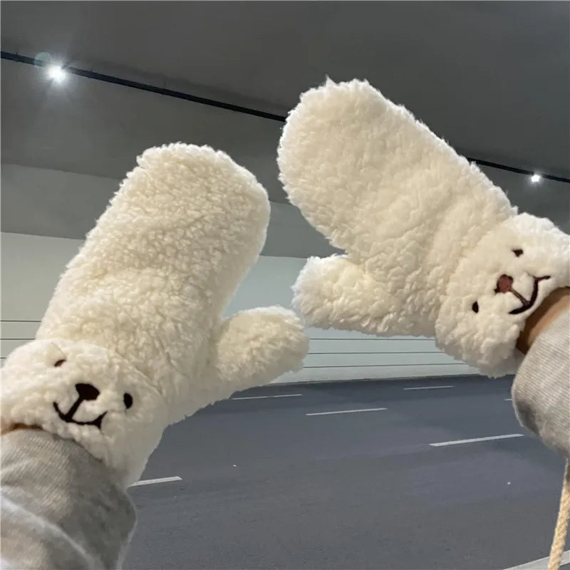 Cozy White Teddy Bear Face Plush Mittens - Connected Winter Fleece Gloves