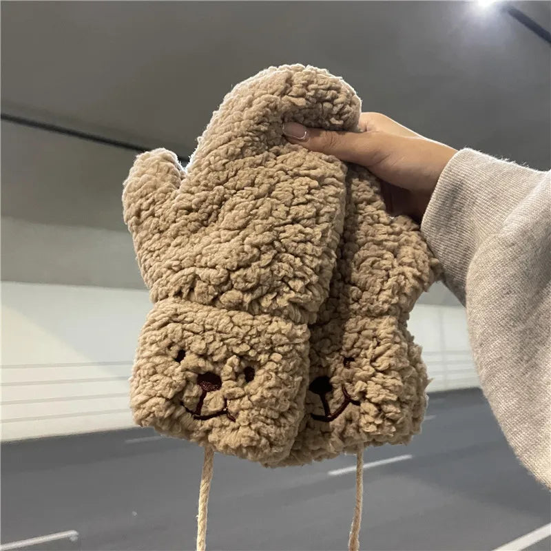Cozy White Teddy Bear Face Plush Mittens - Connected Winter Fleece Gloves