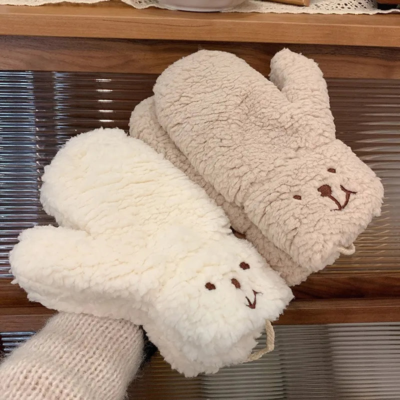 Cozy White Teddy Bear Face Plush Mittens - Connected Winter Fleece Gloves