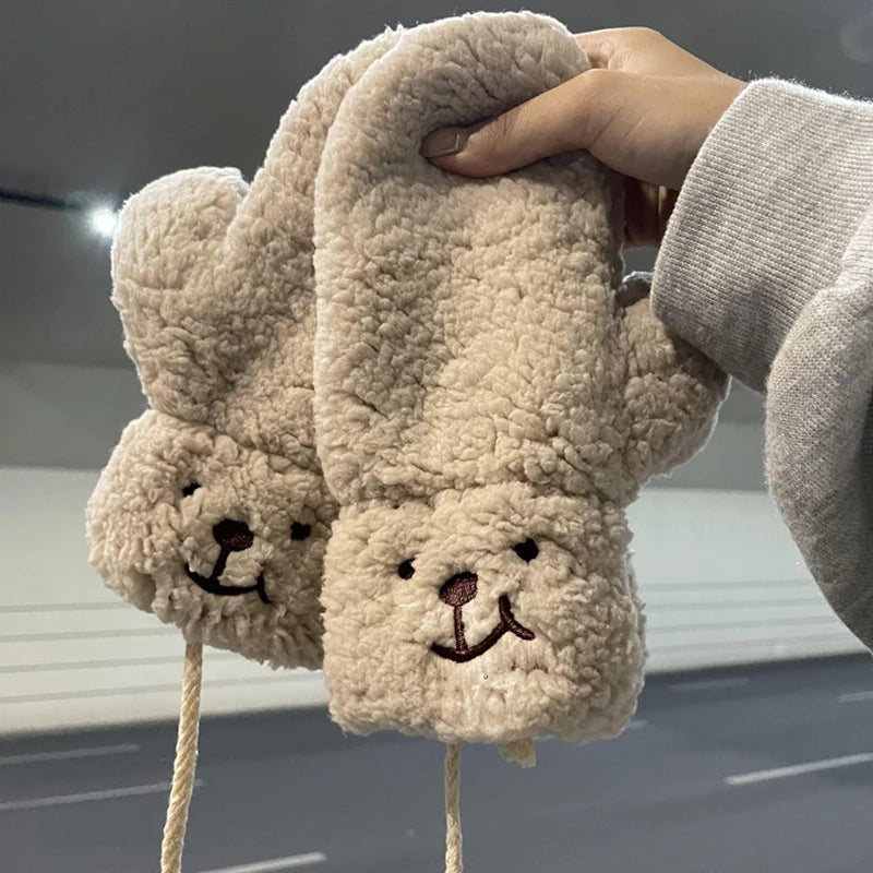 Cozy White Teddy Bear Face Plush Mittens - Connected Winter Fleece Gloves