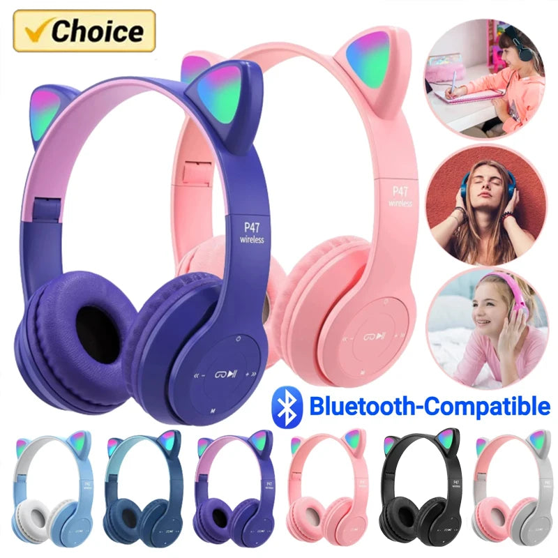 P47M Wireless Headphones – Cat Ear LED, Bluetooth, Mic & Stereo Sound