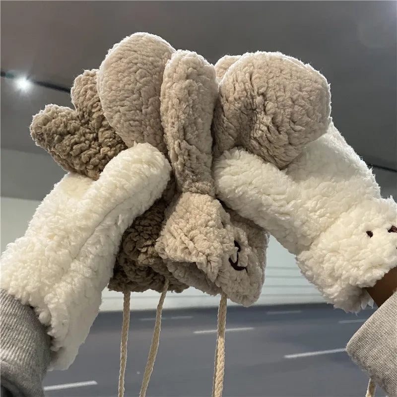 Cozy White Teddy Bear Face Plush Mittens - Connected Winter Fleece Gloves