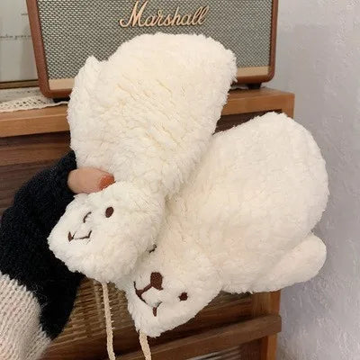 Cozy White Teddy Bear Face Plush Mittens - Connected Winter Fleece Gloves