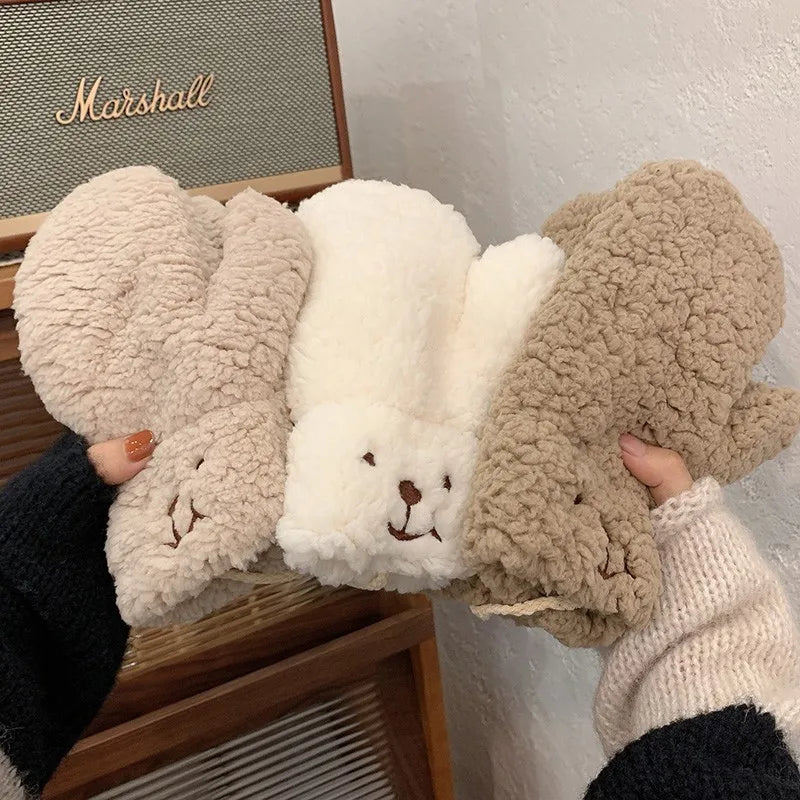 Cozy White Teddy Bear Face Plush Mittens - Connected Winter Fleece Gloves