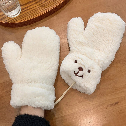 Cozy White Teddy Bear Face Plush Mittens - Connected Winter Fleece Gloves
