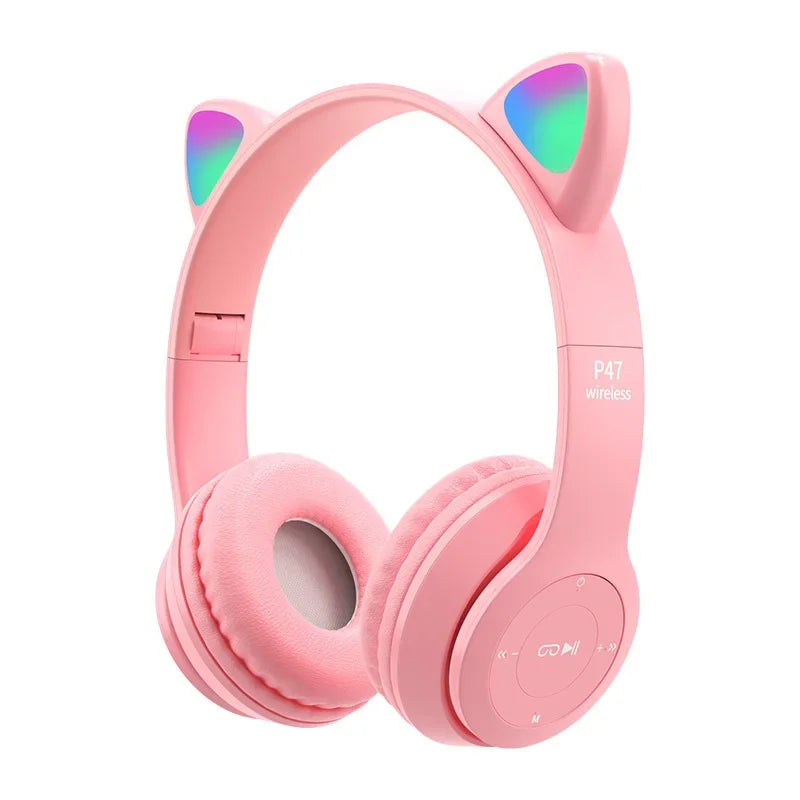 P47M Wireless Headphones – Cat Ear LED, Bluetooth, Mic & Stereo Sound