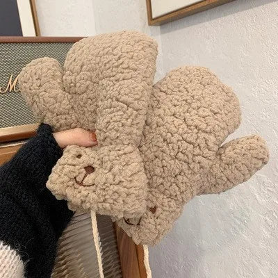 Cozy White Teddy Bear Face Plush Mittens - Connected Winter Fleece Gloves