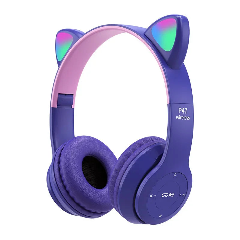 P47M Wireless Headphones – Cat Ear LED, Bluetooth, Mic & Stereo Sound