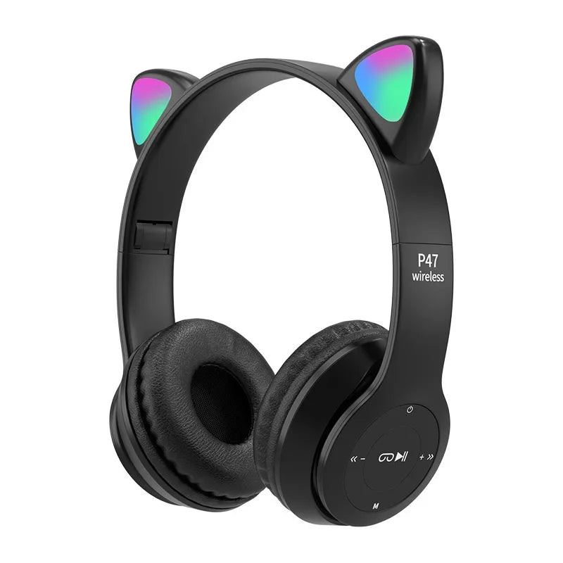 P47M Wireless Headphones – Cat Ear LED, Bluetooth, Mic & Stereo Sound