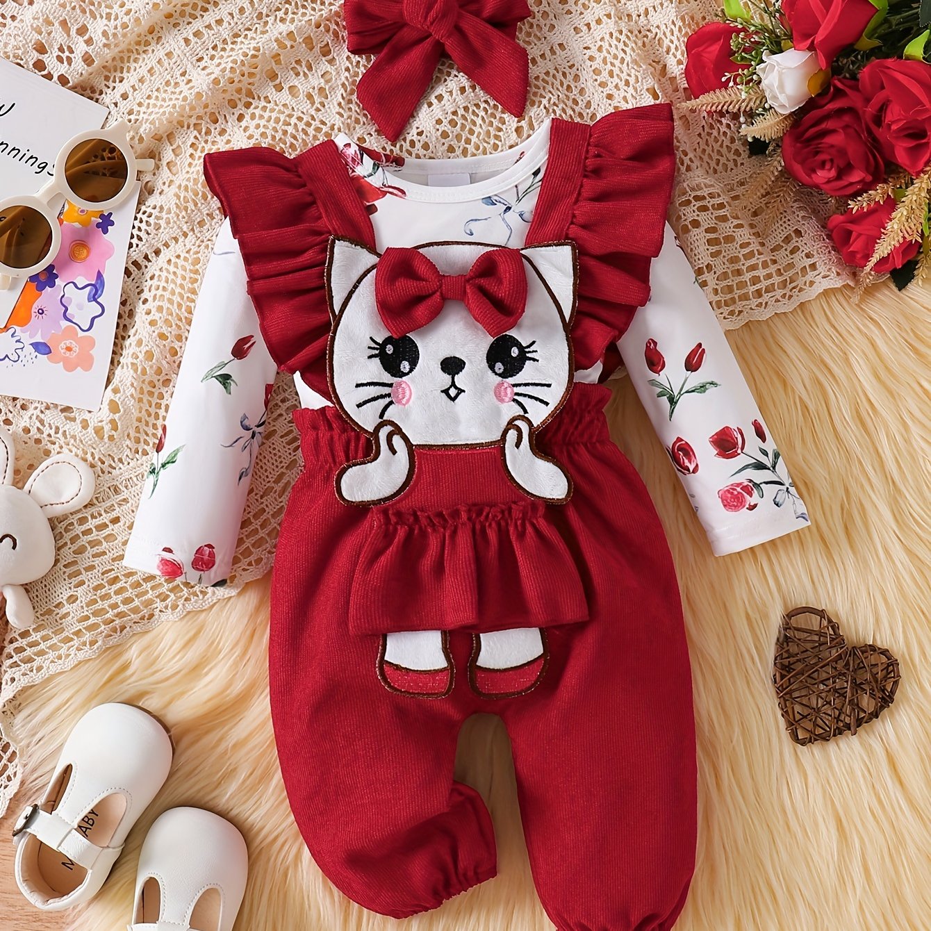 Girls' 3pcs Fall/Winter Set – Floral Romper, Kitten Overalls & Headband