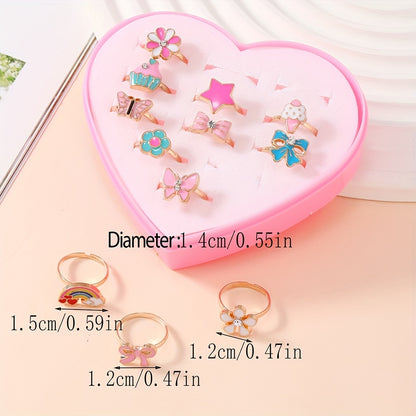 A Set of 12 Cute Golden Cartoon Flower-Shaped Rainbow Rings for Girls.