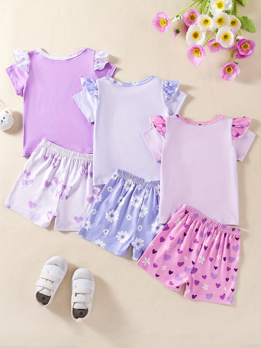 Girls' 3pcs Summer Outfit – Cat & Animal Prints, Comfy & Washable