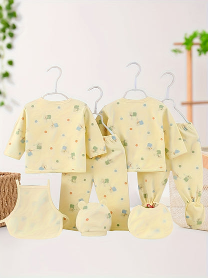 7-Piece Baby Girl Cotton Set – Cute Bear & Bunny Prints, All-Season Comfort