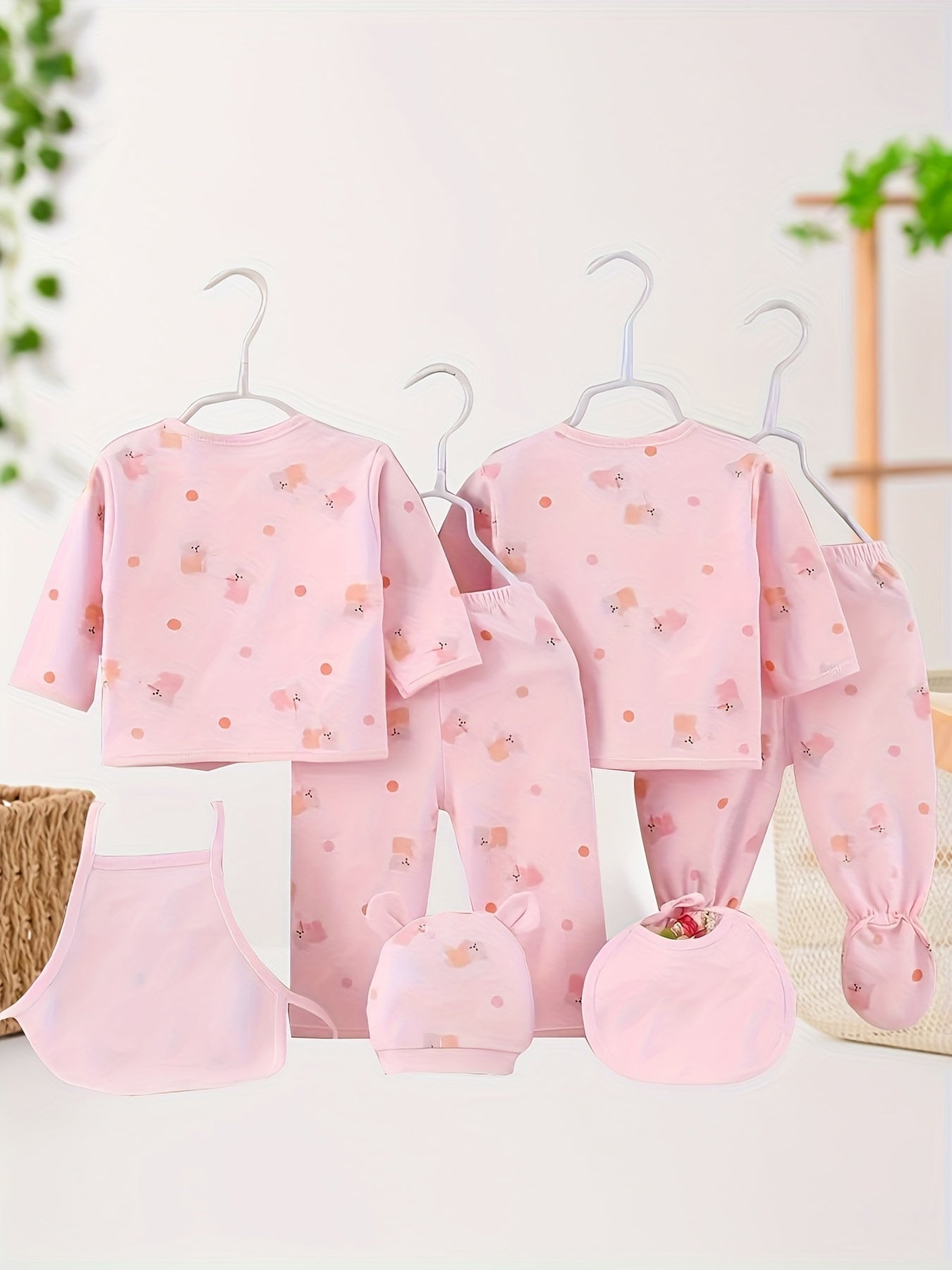 7-Piece Baby Girl Cotton Set – Cute Bear & Bunny Prints, All-Season Comfort