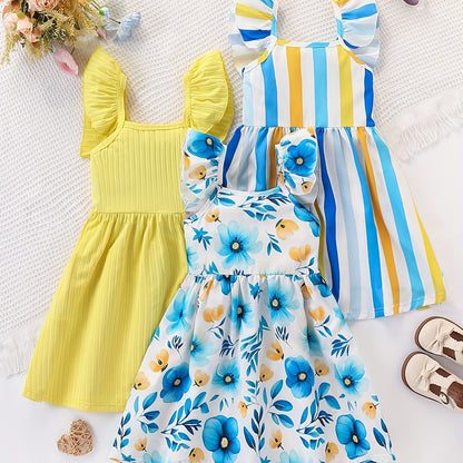 Girls' 3pcs Summer Set – Bubble Sleeve Dress with Striped Floral Print