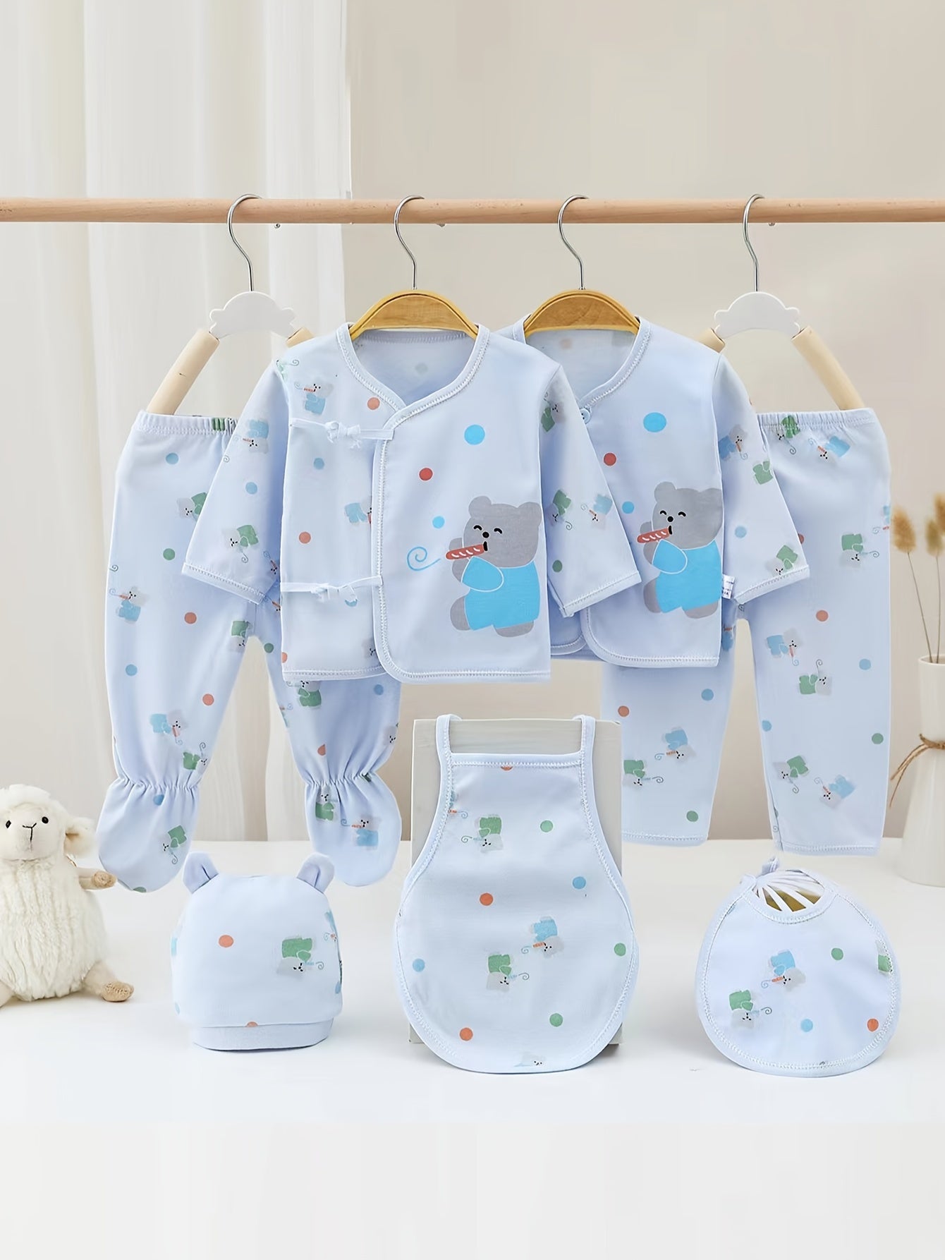 7-Piece Baby Girl Cotton Set – Cute Bear & Bunny Prints, All-Season Comfort