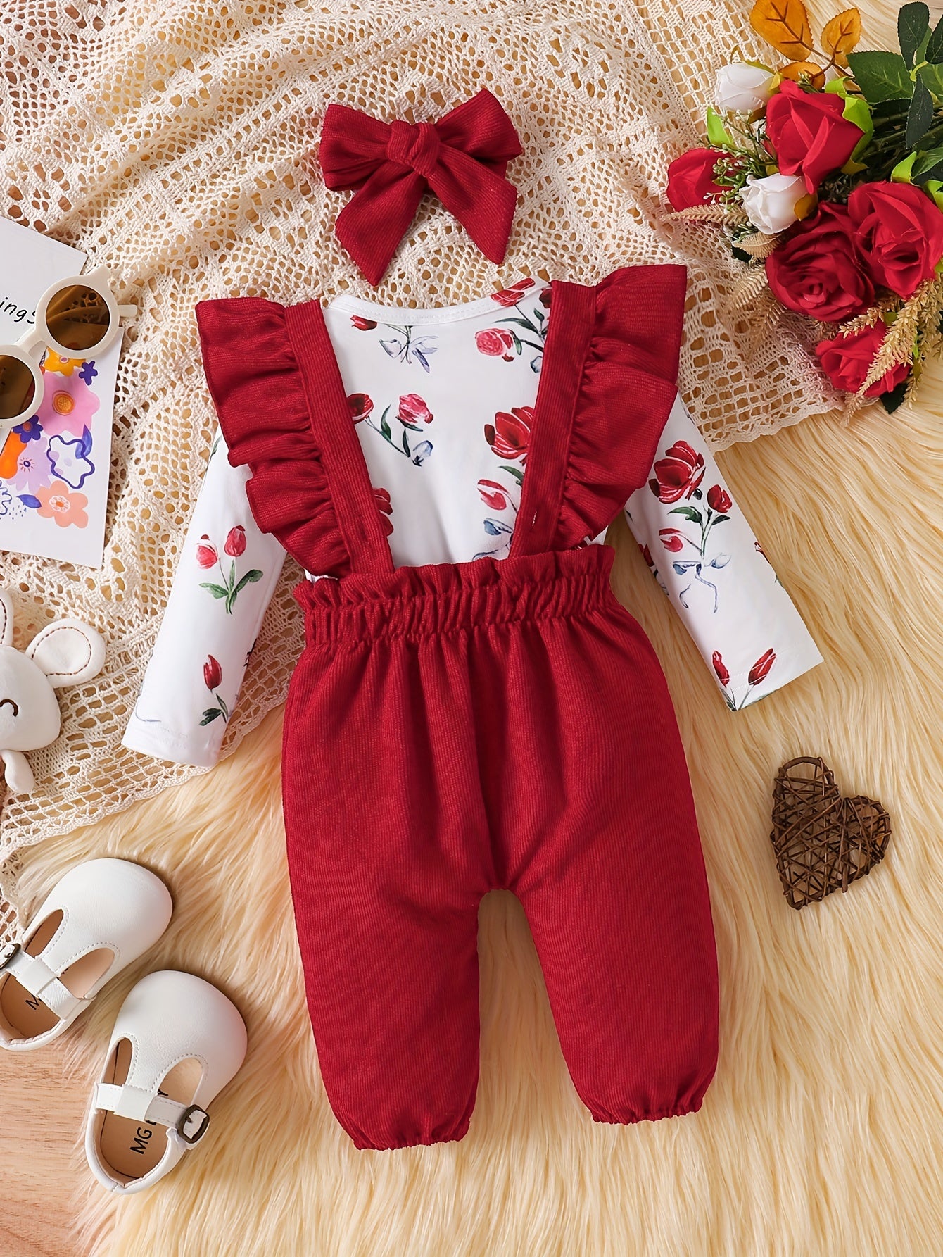 Girls' 3pcs Fall/Winter Set – Floral Romper, Kitten Overalls & Headband