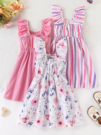 Girls' 3pcs Summer Set – Bubble Sleeve Dress with Striped Floral Print