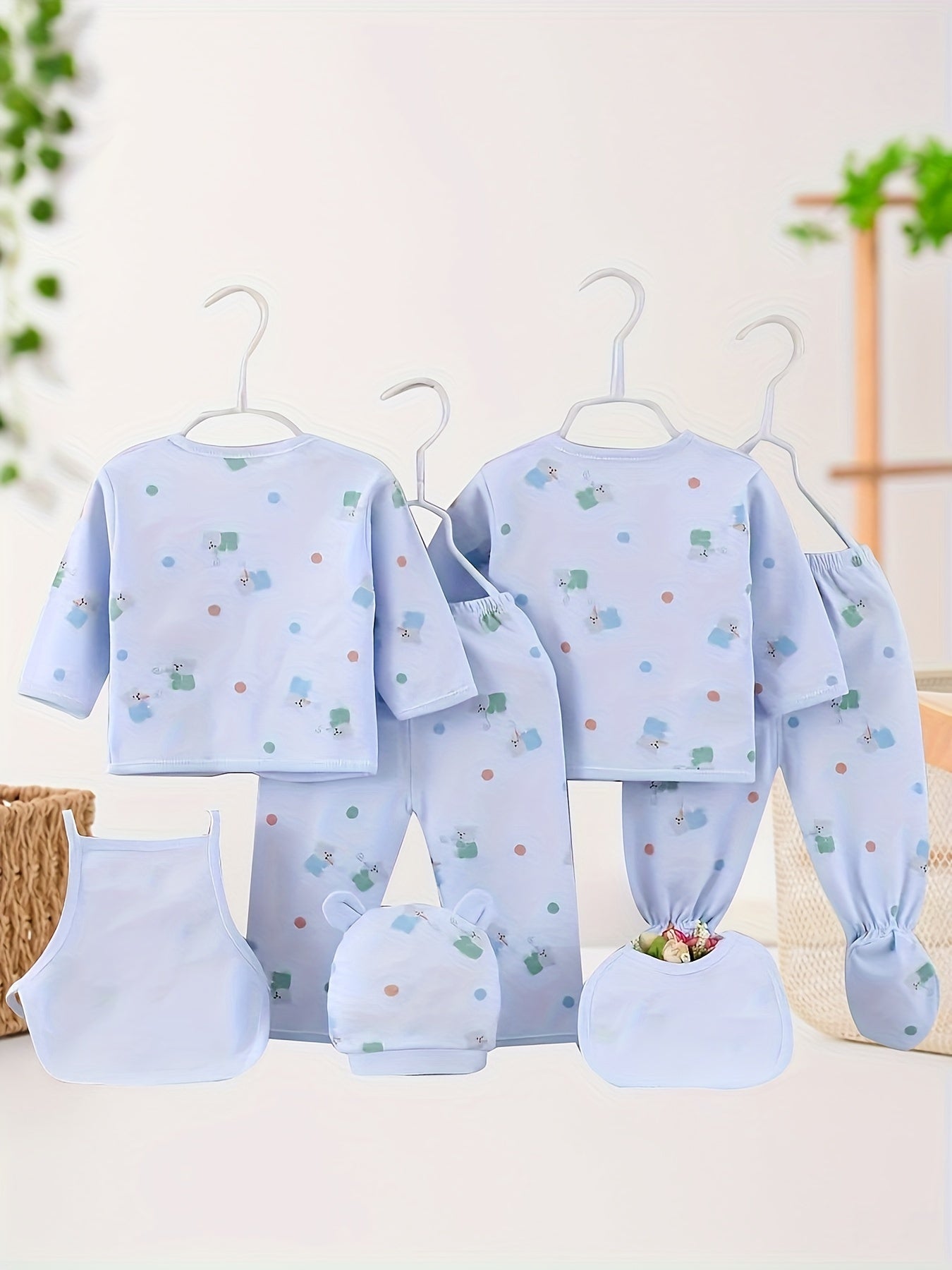 7-Piece Baby Girl Cotton Set – Cute Bear & Bunny Prints, All-Season Comfort