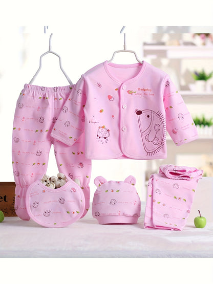 Newborn 5pcs Outfit Set – Cotton Clothes with Bear Hat & Bib (0–3 Months)