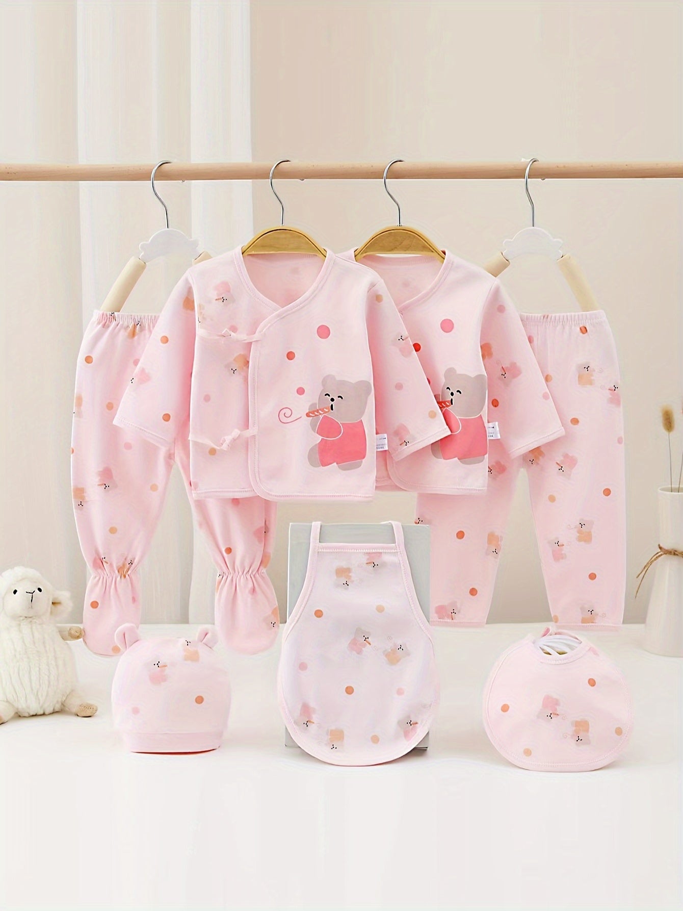 7-Piece Baby Girl Cotton Set – Cute Bear & Bunny Prints, All-Season Comfort