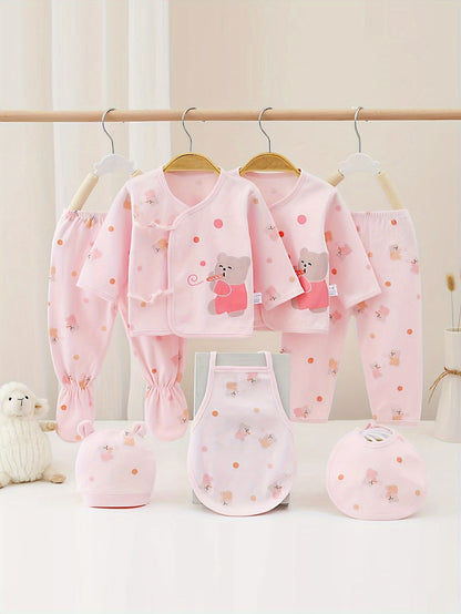 7-Piece Baby Girl Cotton Set – Cute Bear & Bunny Prints, All-Season Comfort