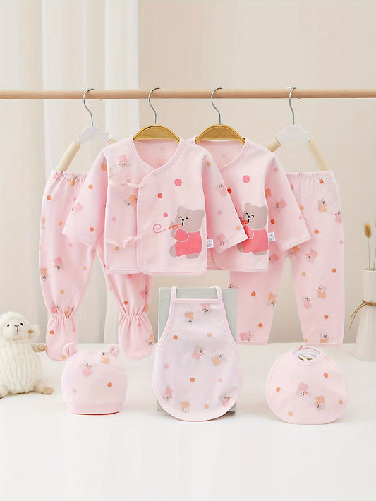 7-Piece Baby Girl Cotton Set – Cute Bear & Bunny Prints, All-Season Comfort