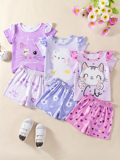 Girls' 3pcs Summer Outfit – Cat & Animal Prints, Comfy & Washable