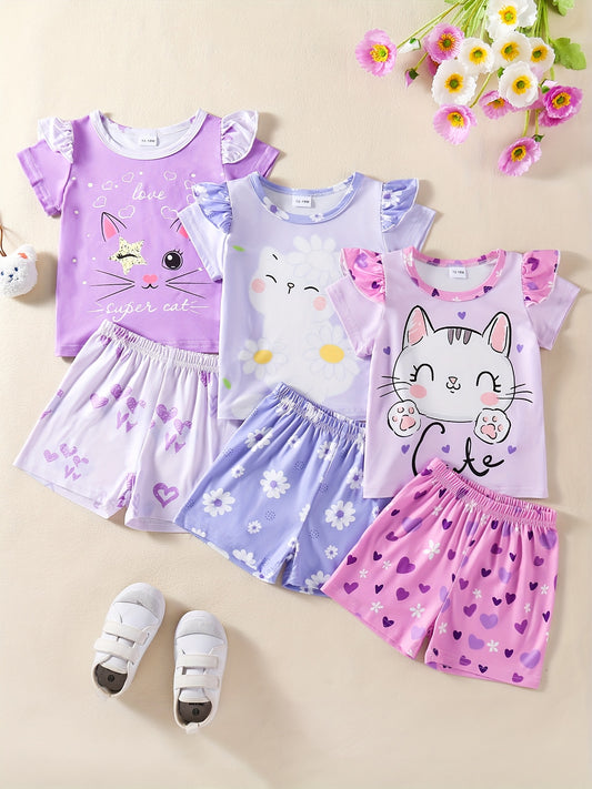 Girls' 3pcs Summer Outfit – Cat & Animal Prints, Comfy & Washable