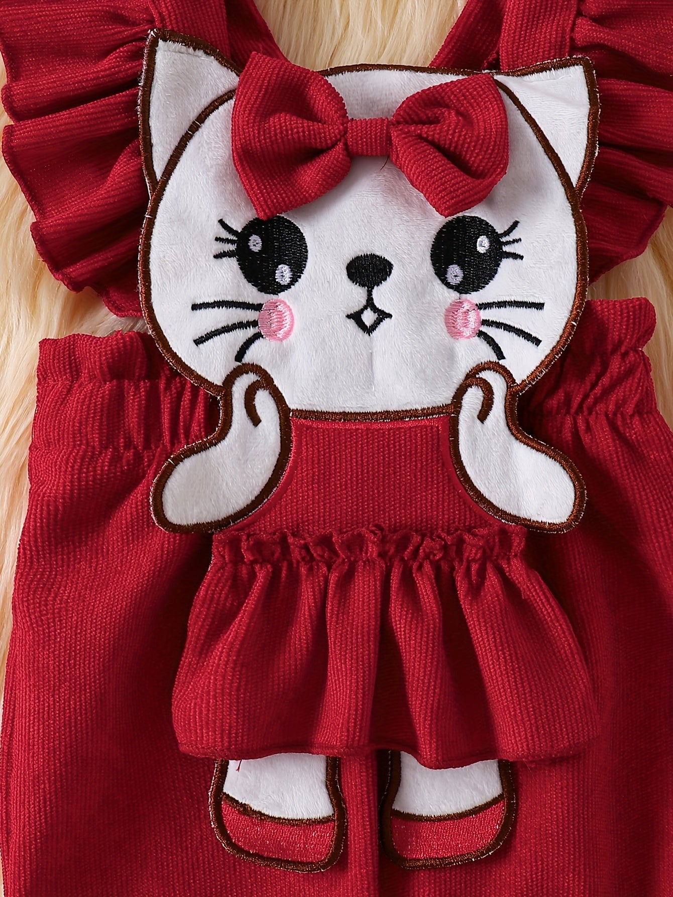 Girls' 3pcs Fall/Winter Set – Floral Romper, Kitten Overalls & Headband