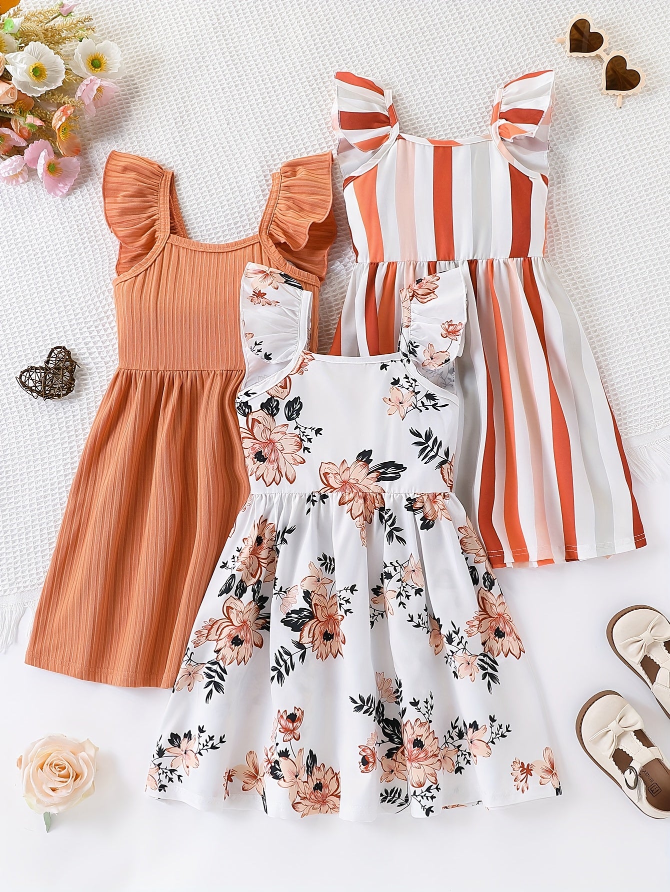 Girls' 3pcs Summer Set – Bubble Sleeve Dress with Striped Floral Print