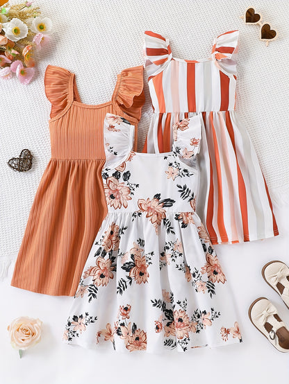 Girls' 3pcs Summer Set – Bubble Sleeve Dress with Striped Floral Print