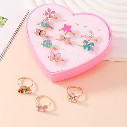 A Set of 12 Cute Golden Cartoon Flower-Shaped Rainbow Rings for Girls.