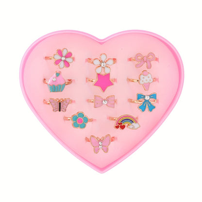 A Set of 12 Cute Golden Cartoon Flower-Shaped Rainbow Rings for Girls.