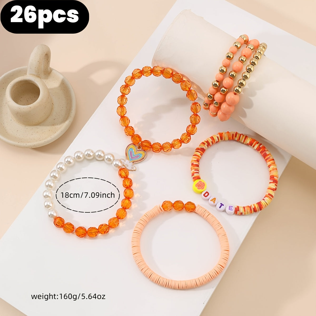26pcs Valentine's Bracelet Set – Soft Clay & Imitation Pearls (Random Styles)
