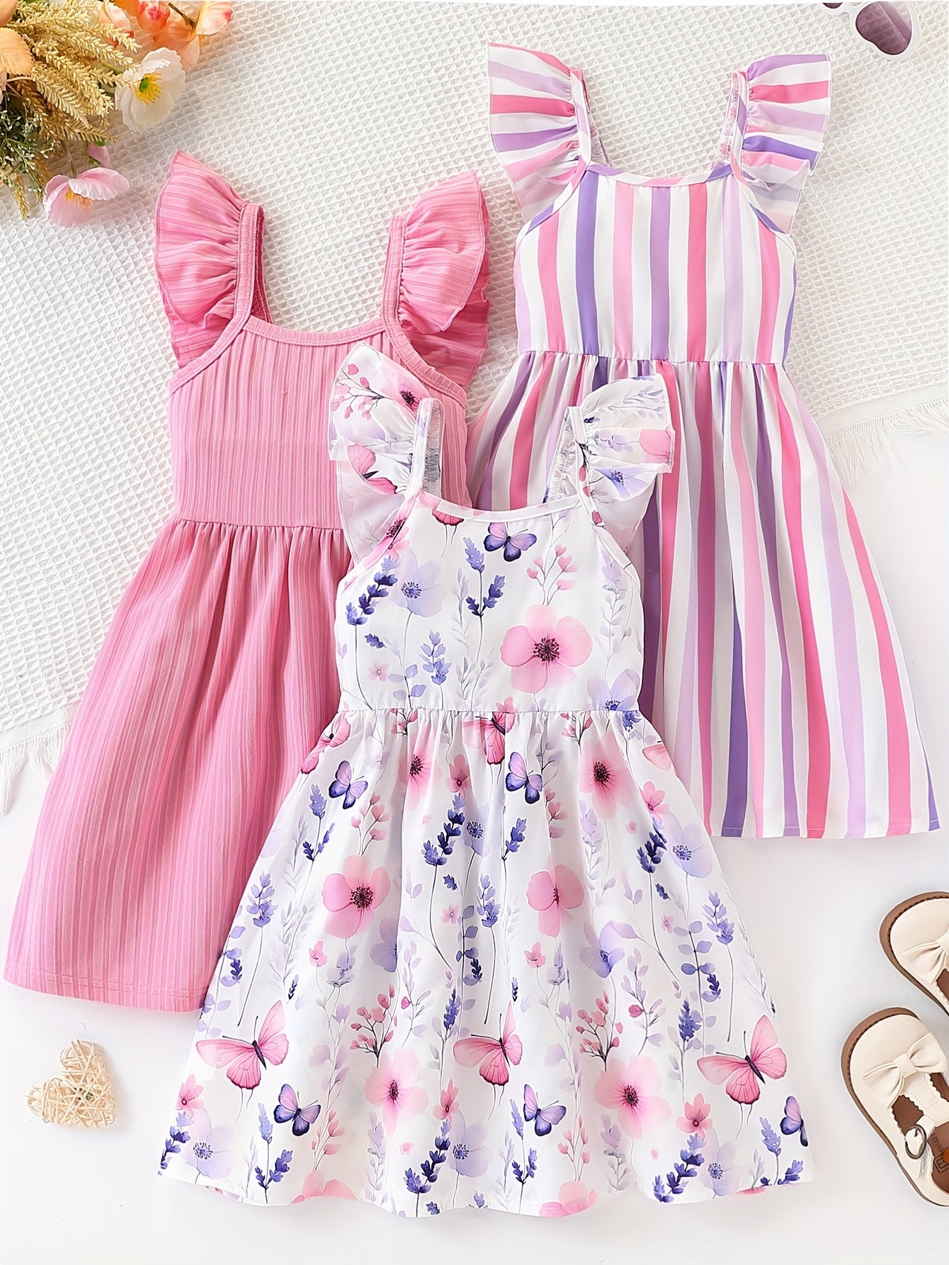 Girls' 3pcs Summer Set – Bubble Sleeve Dress with Striped Floral Print