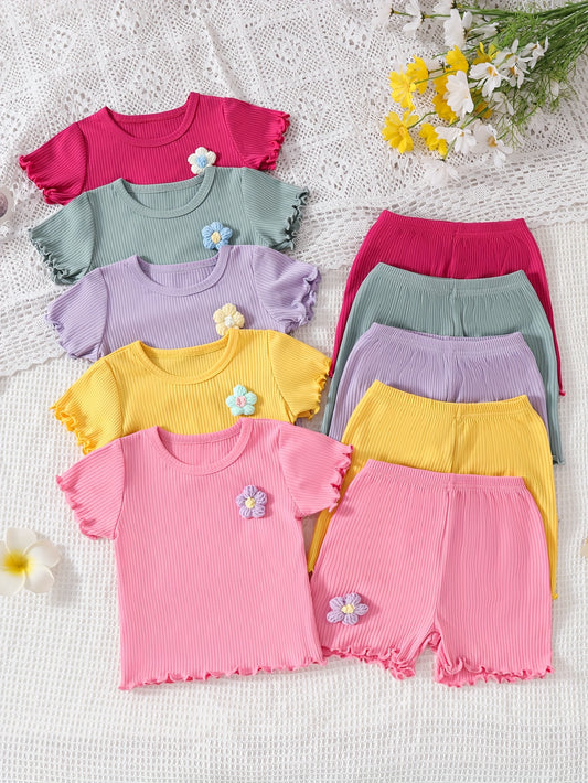 Girls' 10pcs Summer Set – Striped & Embroidered Tops with Lace Details & Matching Shorts
