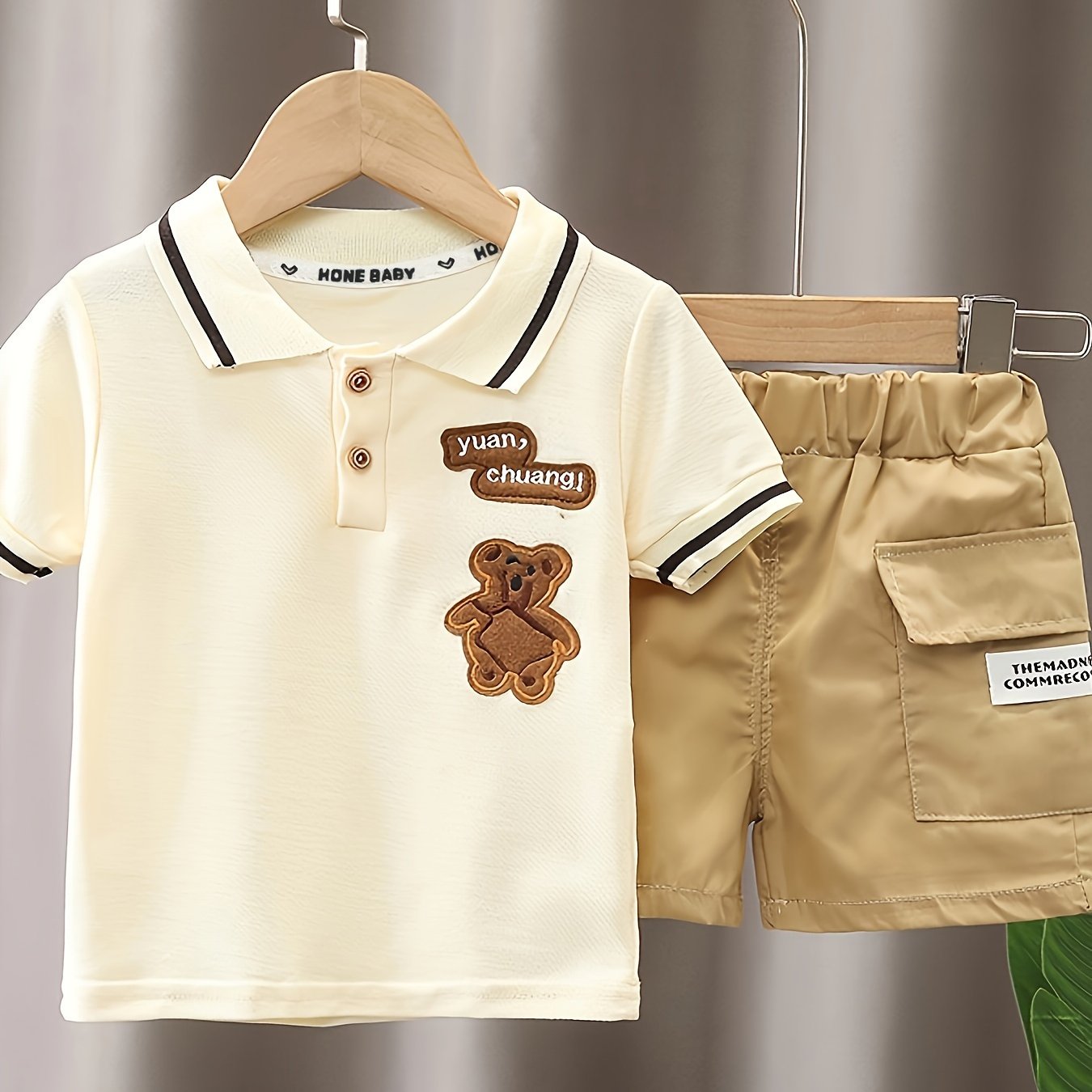 Baby Boy 2pcs Bear Outfit – Golf Shirt & Pocket Shorts (Summer Casual)