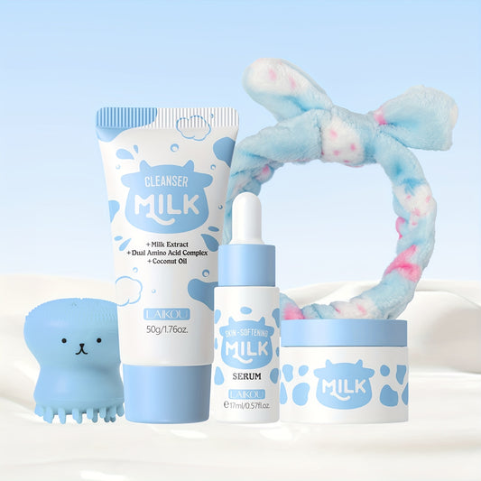 LAIKOU 5pcs Milk Skincare – Cleanser, Serum, Cream & Tools