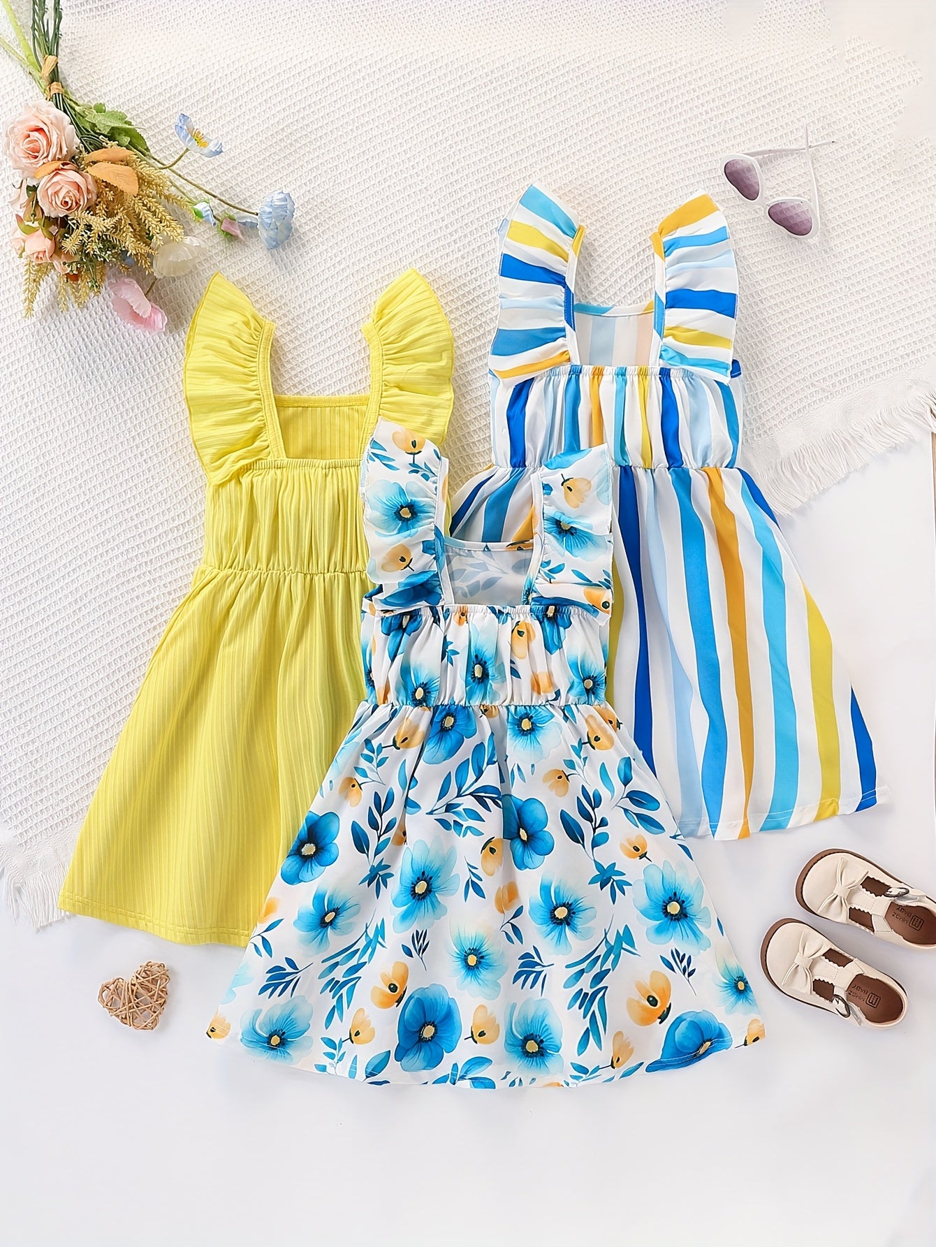 Girls' 3pcs Summer Set – Bubble Sleeve Dress with Striped Floral Print