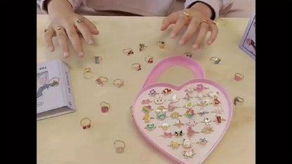 A Set of 12 Cute Golden Cartoon Flower-Shaped Rainbow Rings for Girls.