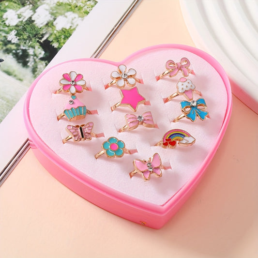 A Set of 12 Cute Golden Cartoon Flower-Shaped Rainbow Rings for Girls.