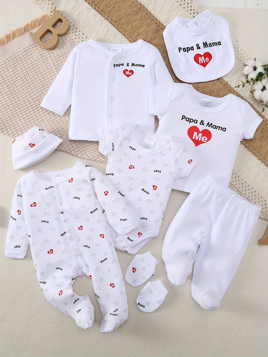 8pcs Baby Outfit Set – Peach Heart Print, Embroidered Essentials for Spring/Summer
