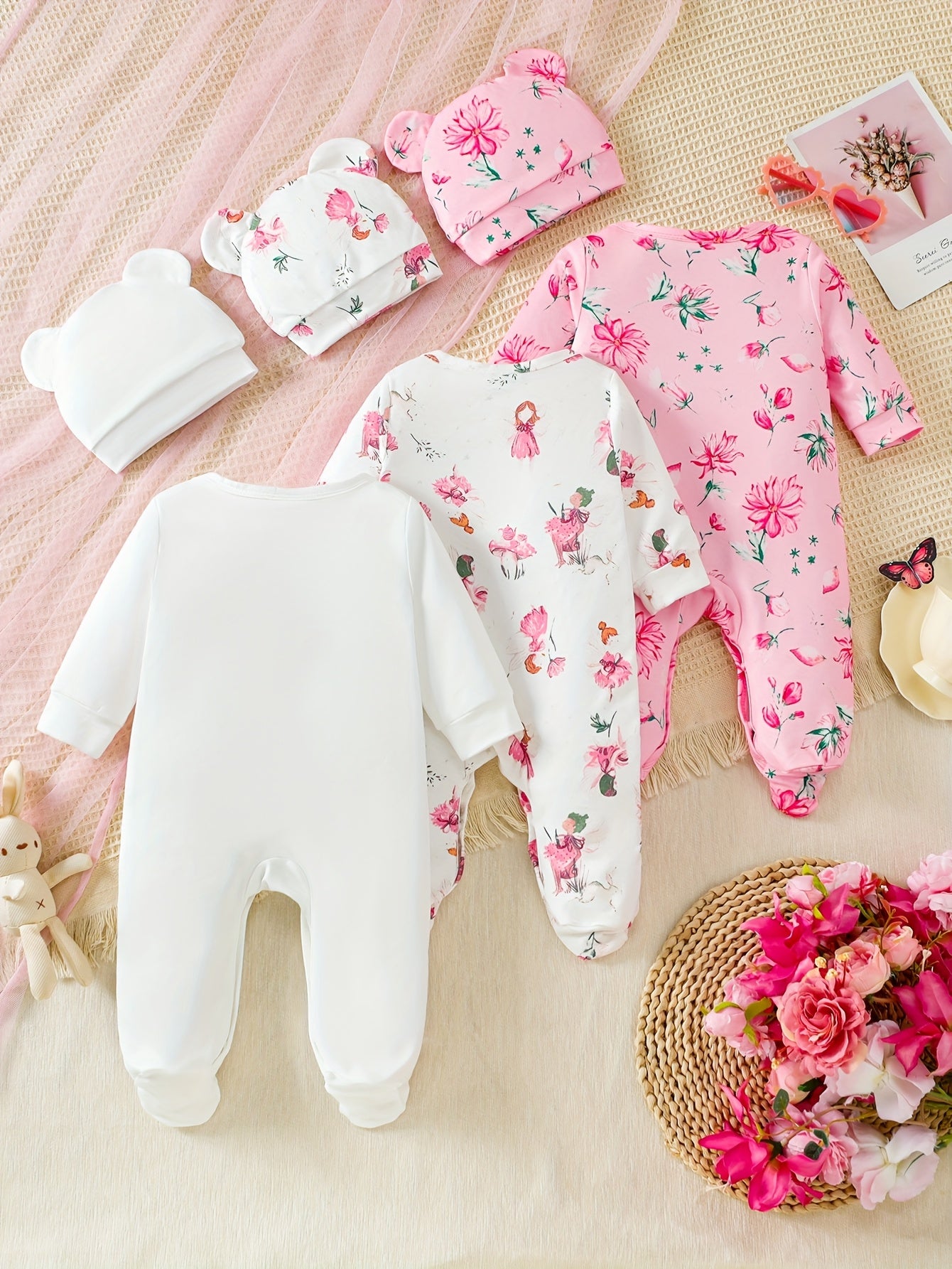 6pcs Newborn Girls' Romper Set – Floral Print Bodysuits with Bunny Hat