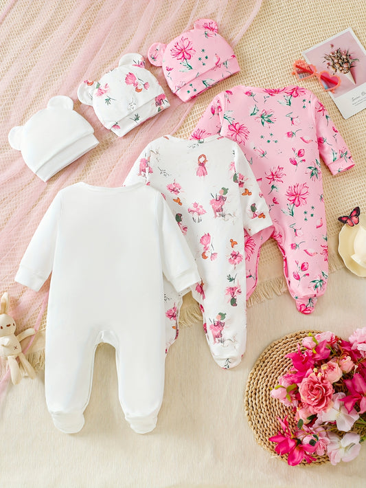 6pcs Newborn Girls' Romper Set – Floral Print Bodysuits with Bunny Hat