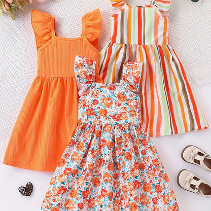 Girls' 3pcs Summer Set – Bubble Sleeve Dress with Striped Floral Print