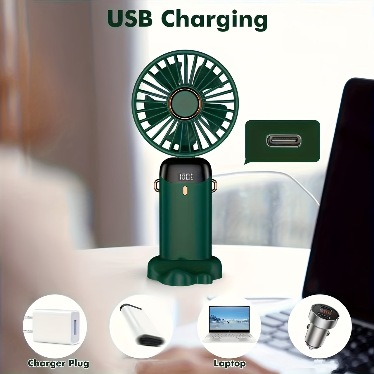 USB Mini Fan – 5 Speeds, LED Display, Compact & Travel-Ready