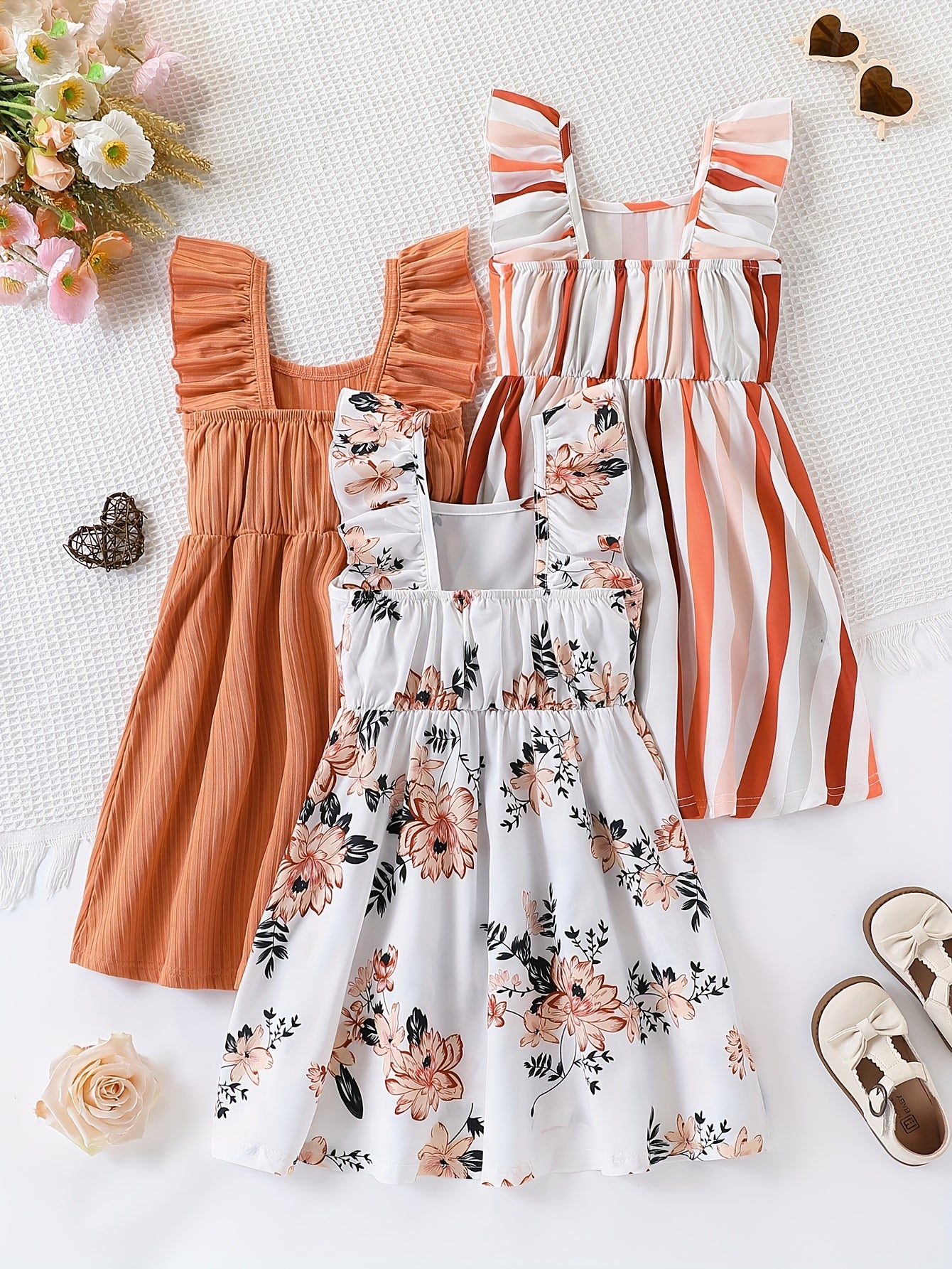 Girls' 3pcs Summer Set – Bubble Sleeve Dress with Striped Floral Print
